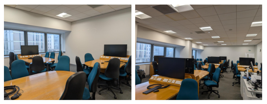 Layout of a 'teaching studio' room used for the DAPR1 course labs. There are multiple tables in the room, each with 5-6 chairs and a shared PC screen, which facilitates discussions and groupwork.